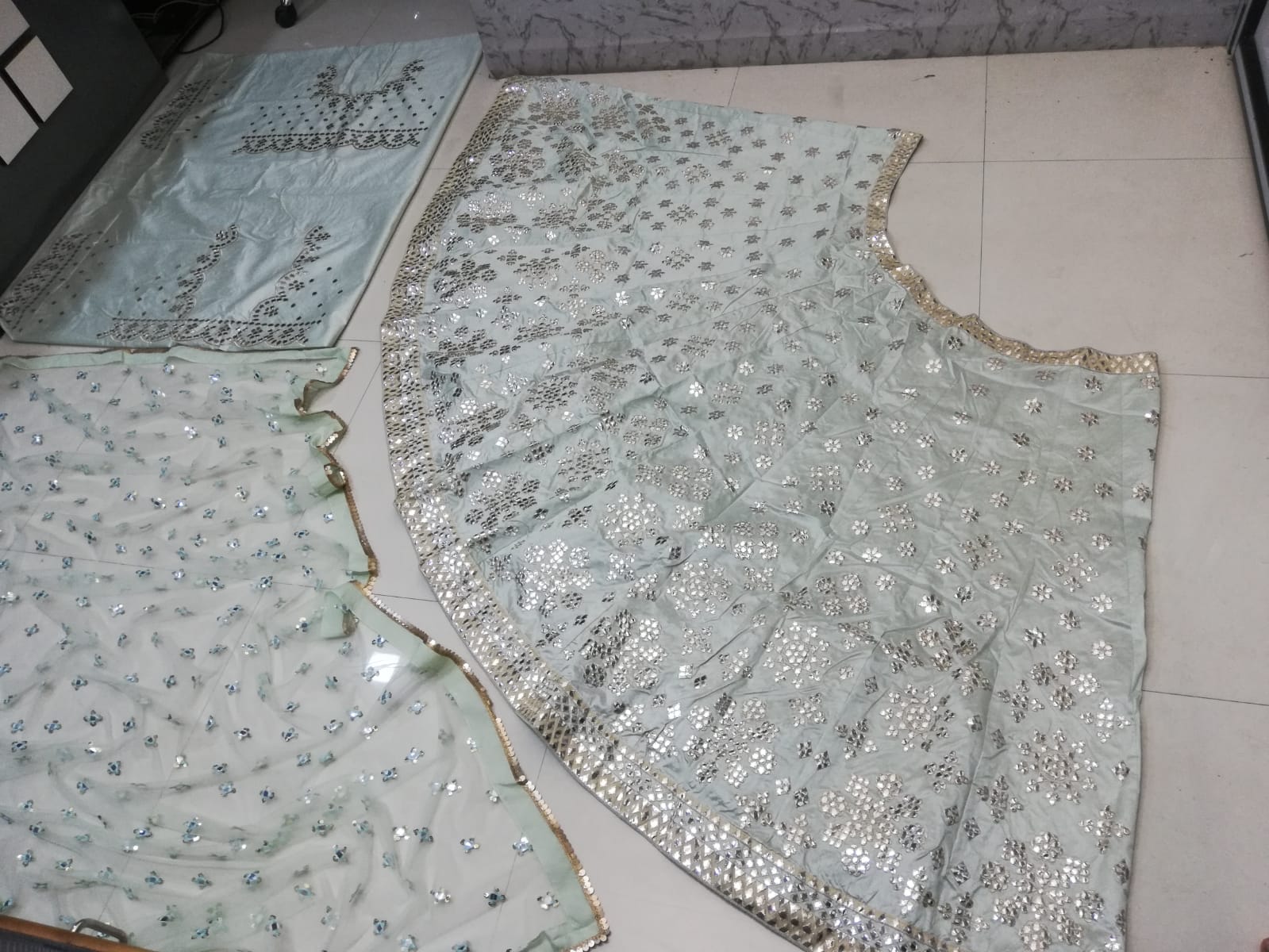 Pastel Green Heavy Banglori Silk Mirror Work Wedding Lehenga V3-356 - Image 5