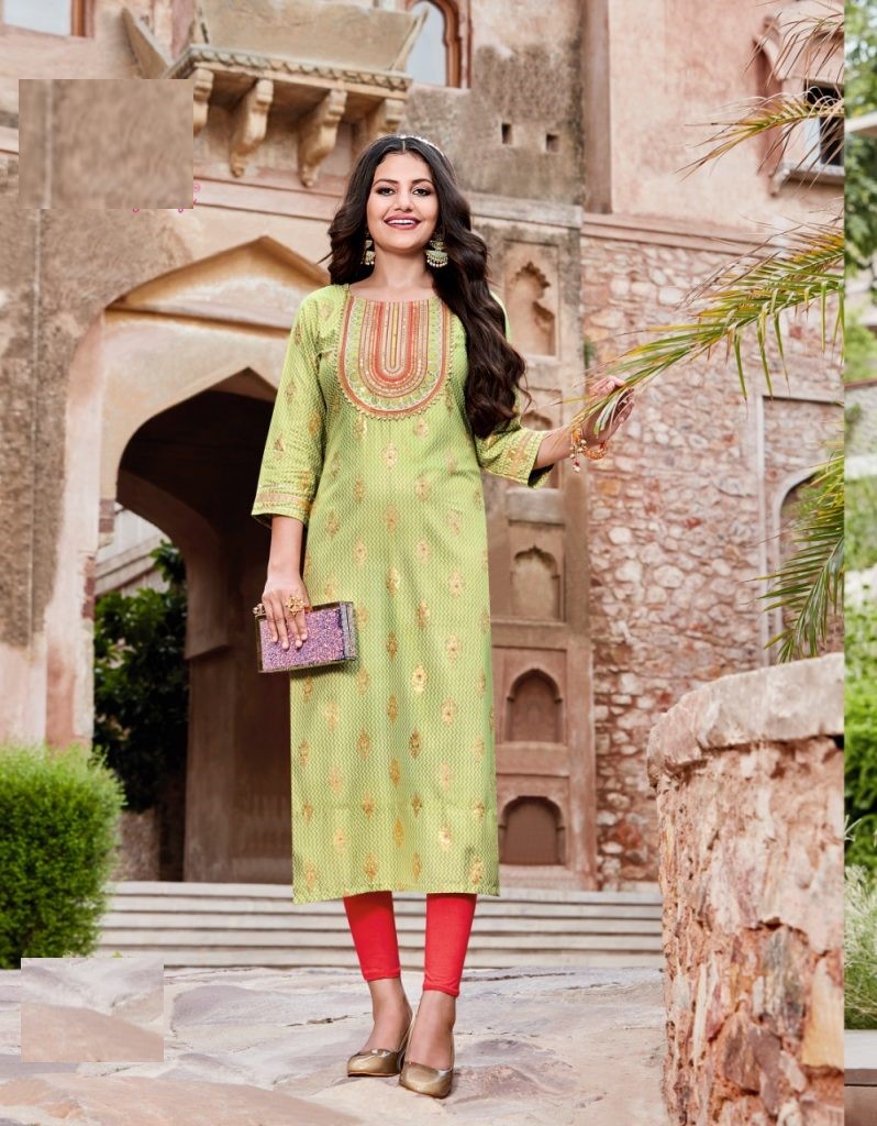 Pure Rayon Gold Print & Heavy Embroidery Straight Fit Kurti 5009