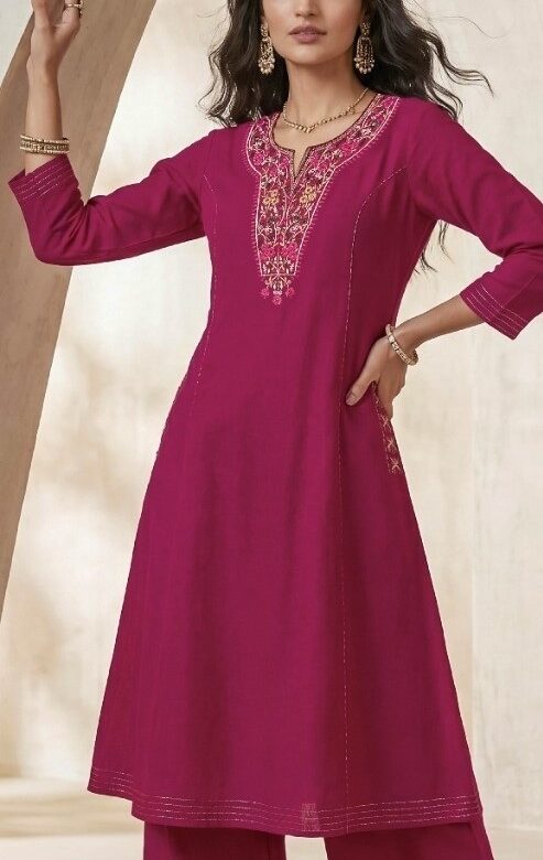 Linen Cotton Casual Wear A Line Kurta Pant Set 101