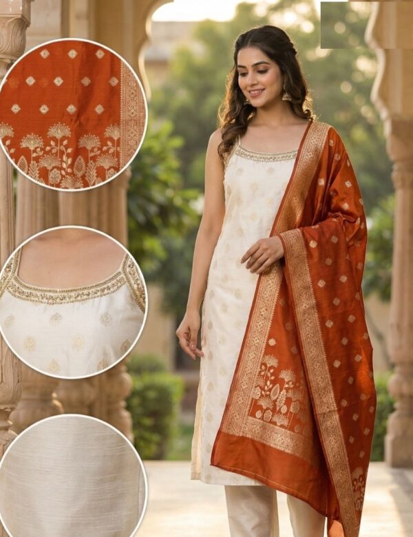 Banarasi Silk Festive Wear Ivory Self Print Butta Suits 41003