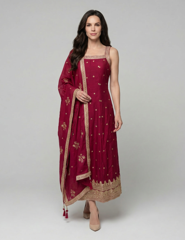 Rani Pink Sleeveless Anarkali Chinon Silk Suits 102