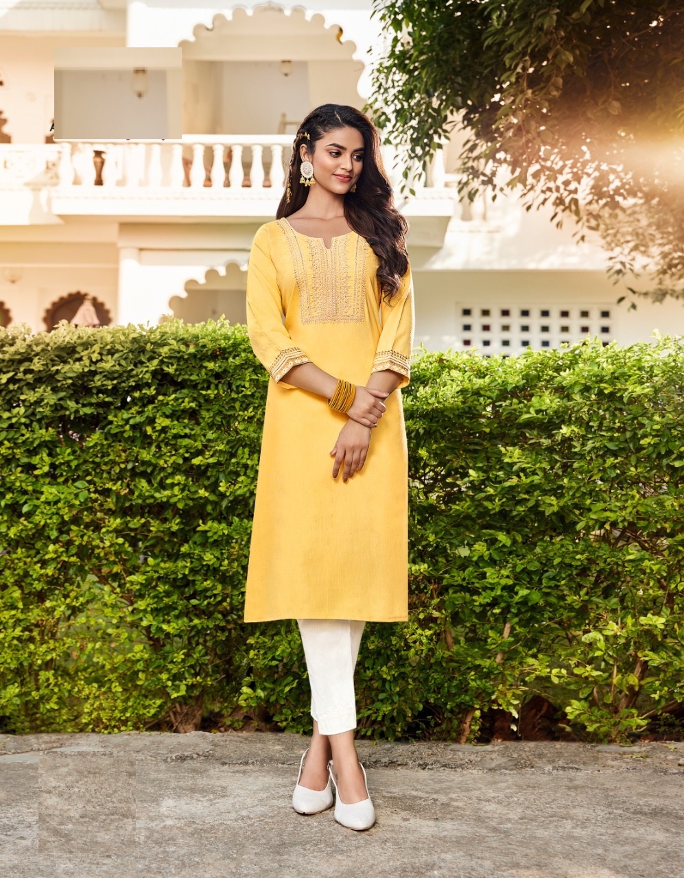 Yellow Embroidered Pure Cotton Kurti