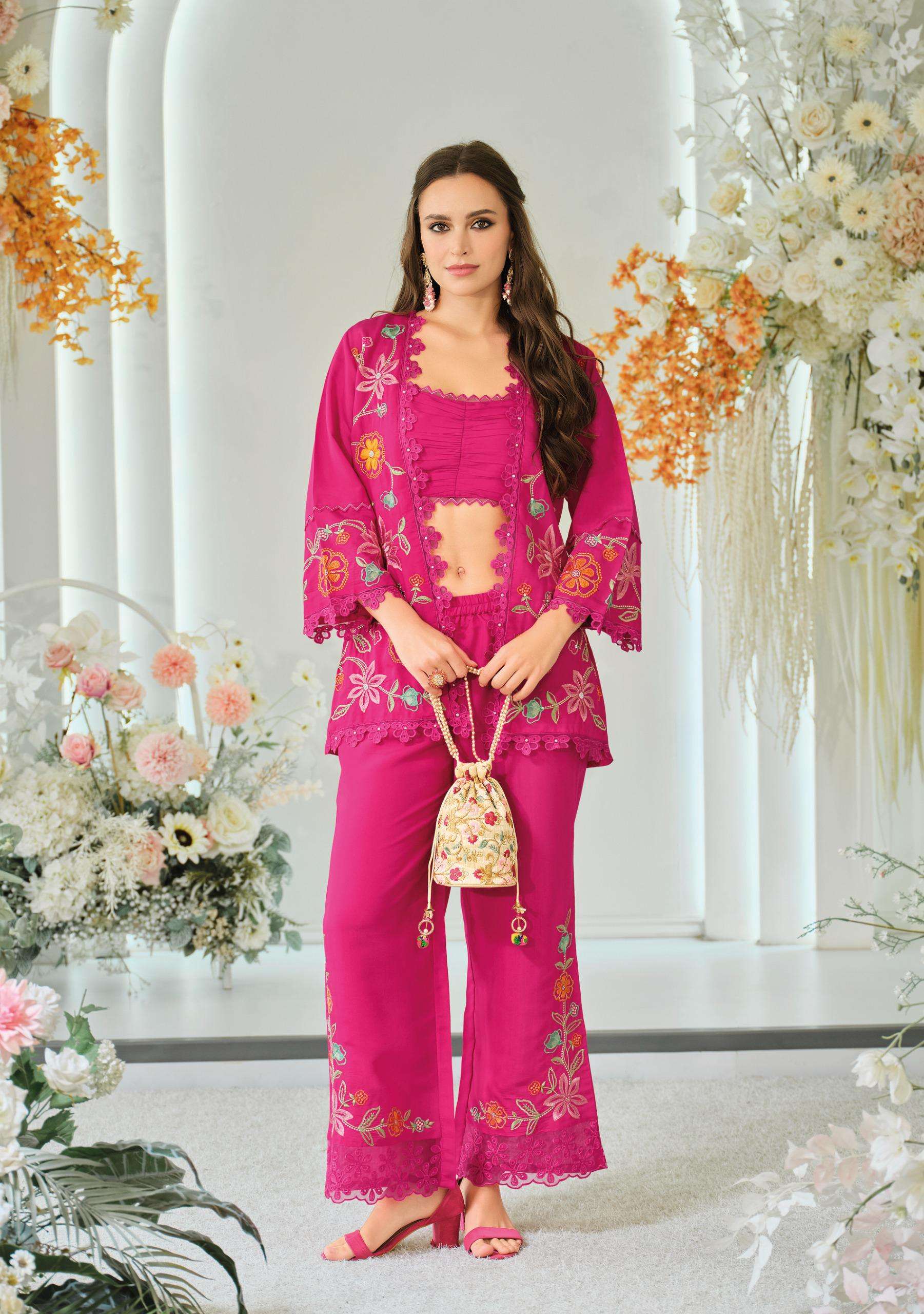 Alternative view of Trendy Silk Wedding Outfit Indo Western Crop top, Jacket And Palazzo Set 45601