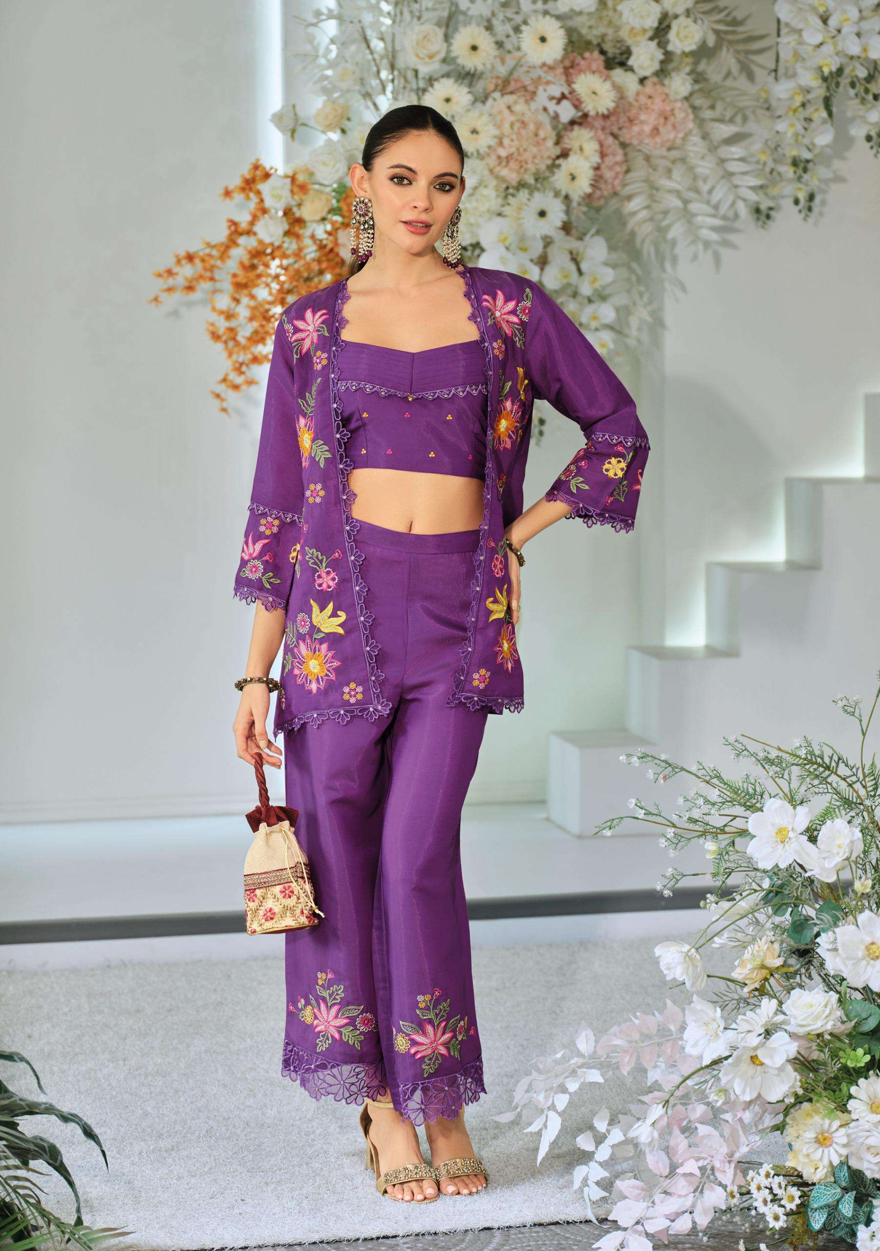 Trendy Silk Wedding Outfit Indo Western Crop top, Jacket And Palazzo Set 45601