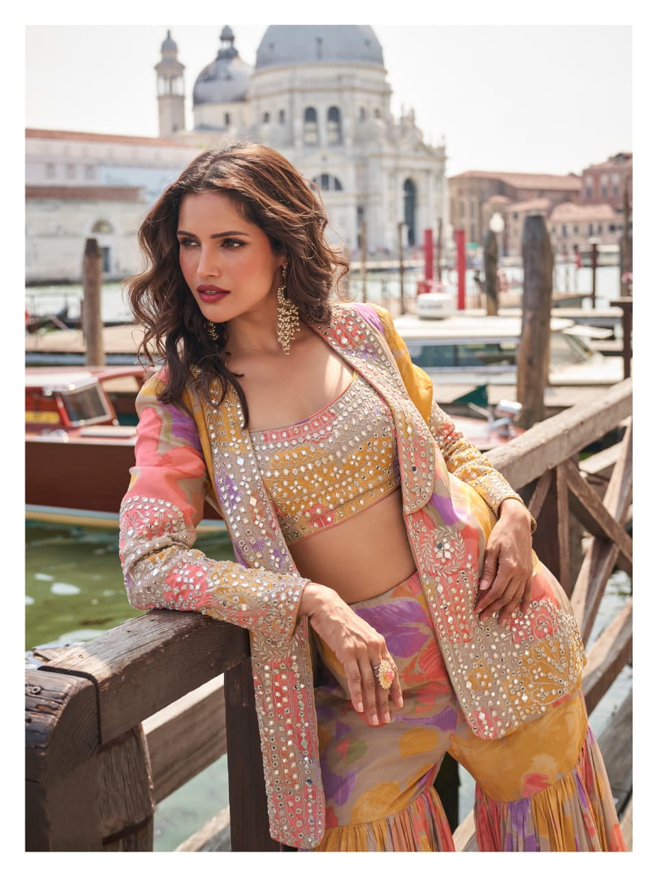 Alternative view of Wedding Indowestern Chinon Silk Crop Top, Gharara And Blazer Suits 10180