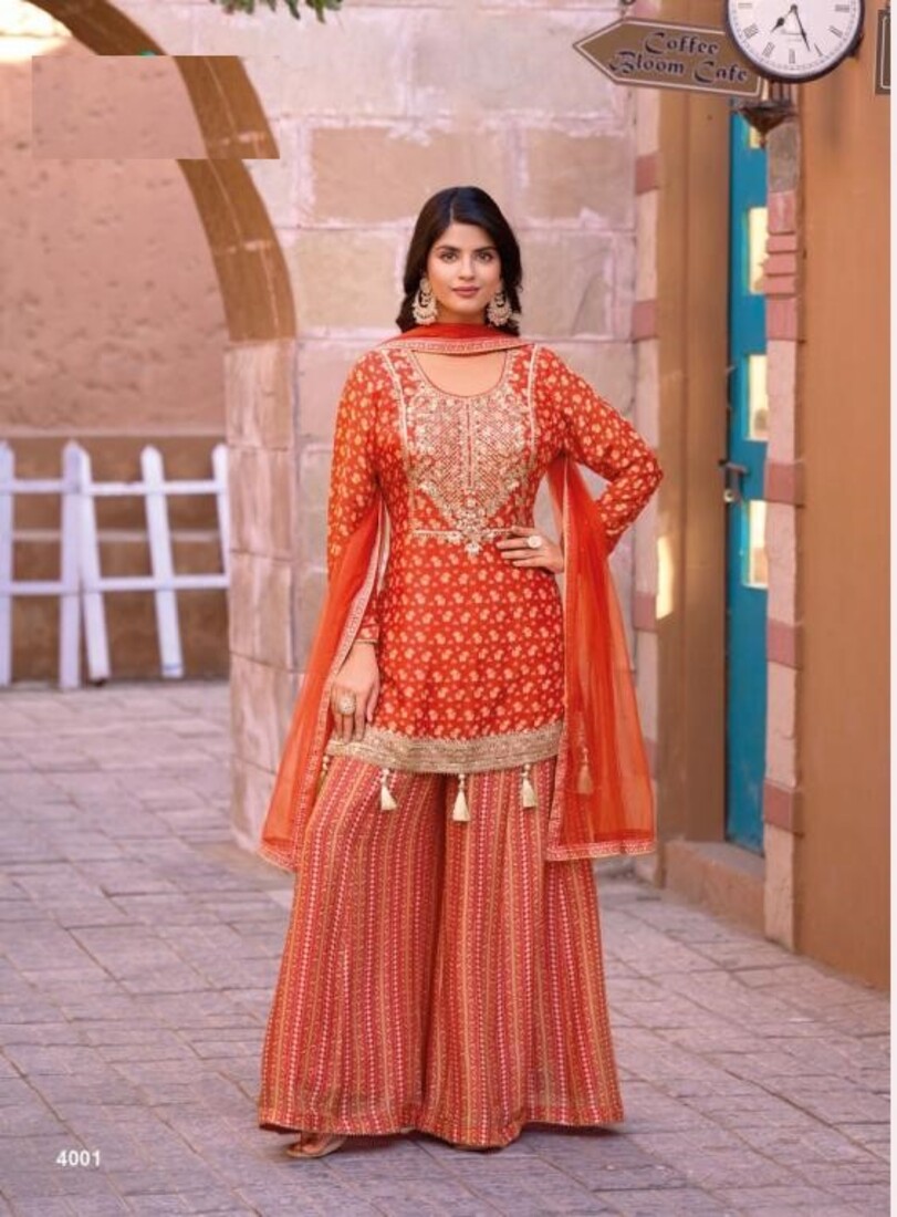 Orange Chinon Silk Party Wear Free Size Gharara Suit 4001