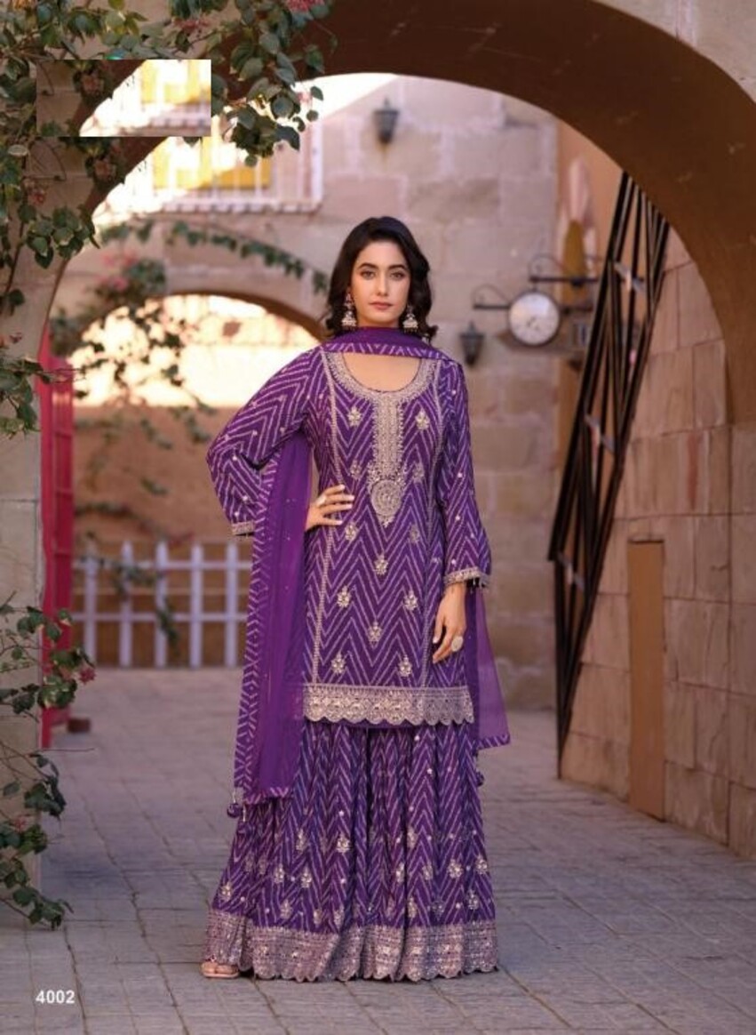 Dark Purple Bandhani Print Chinon Silk Party Wear Free Size Gharara Suit 4002