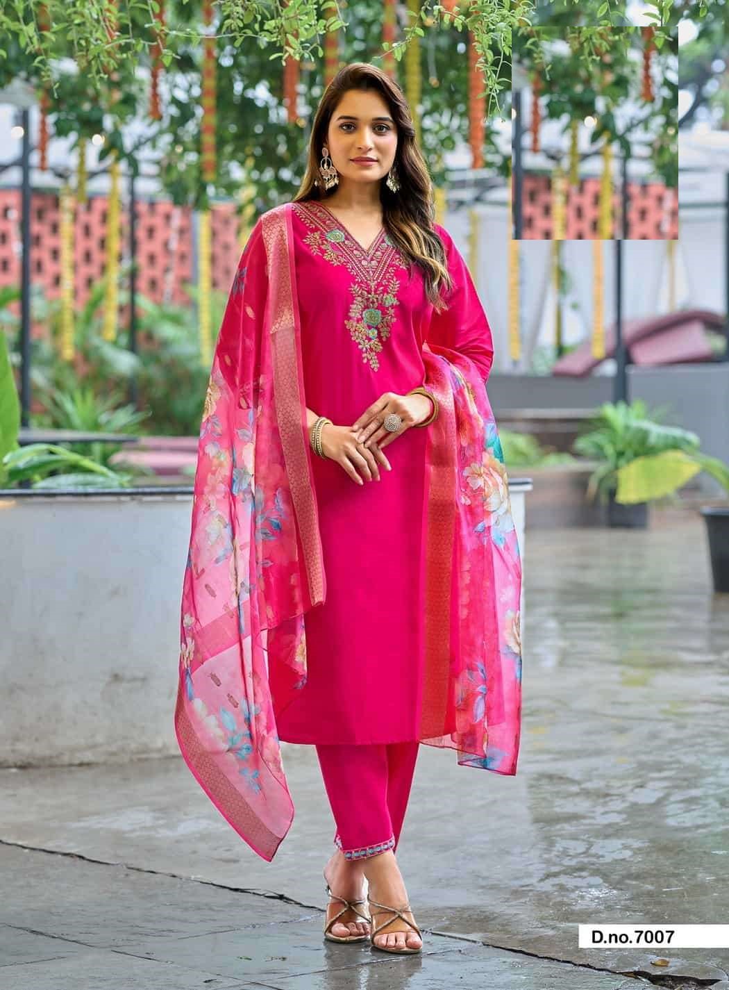 Casual Wear Embroidered Roman Silk Suits 7001