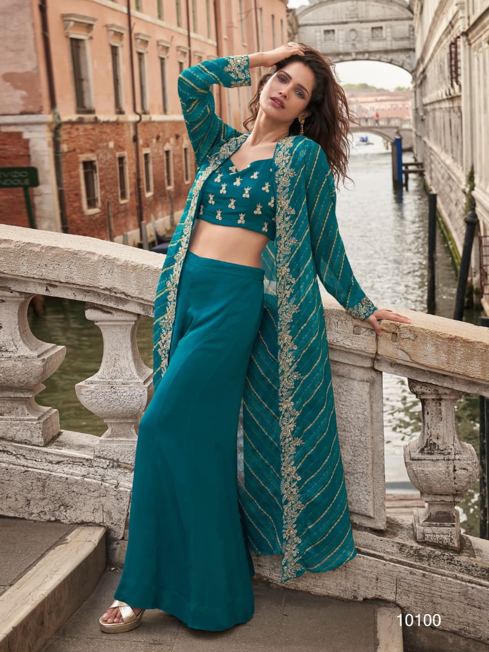 Alternative view of Wedding Collection Indowestern Free Size Upto 42 Crop Top, Skirt & Shrug Set 10100