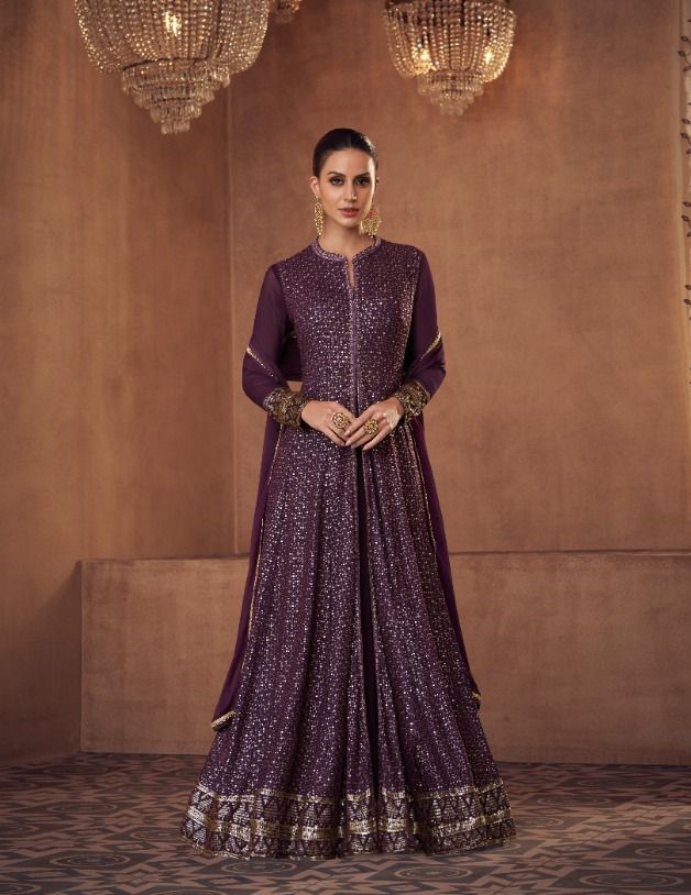 Heavy Georgette Sequins Work Indowestern Gowns 5221