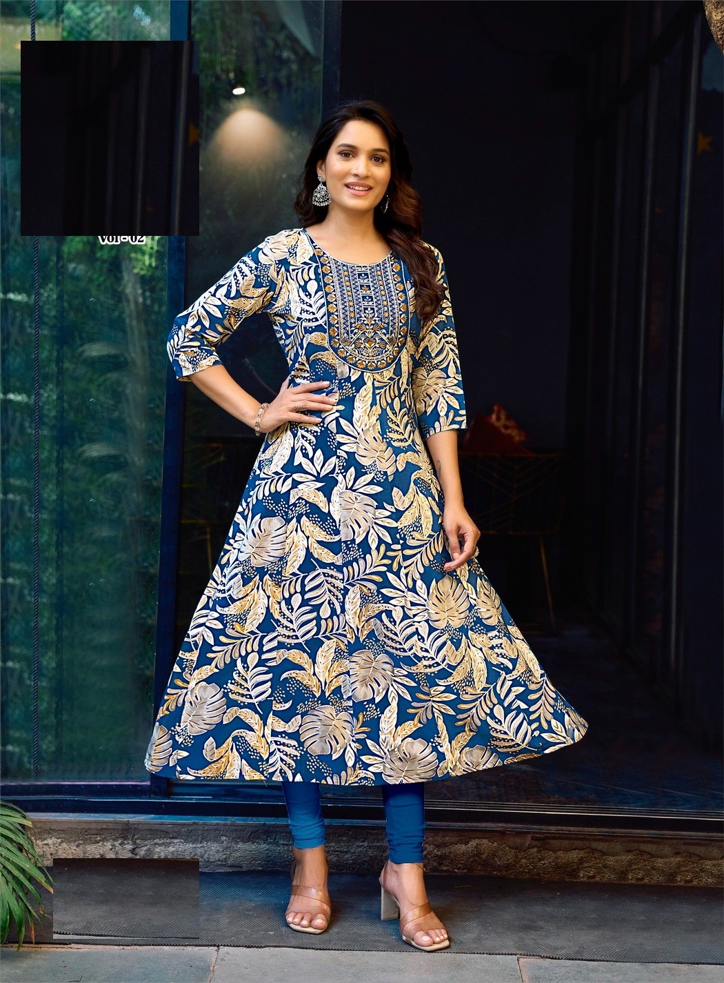 Light Blue Heavy Cotton Floral Print With Embroidery Anarkali Kurti 2002