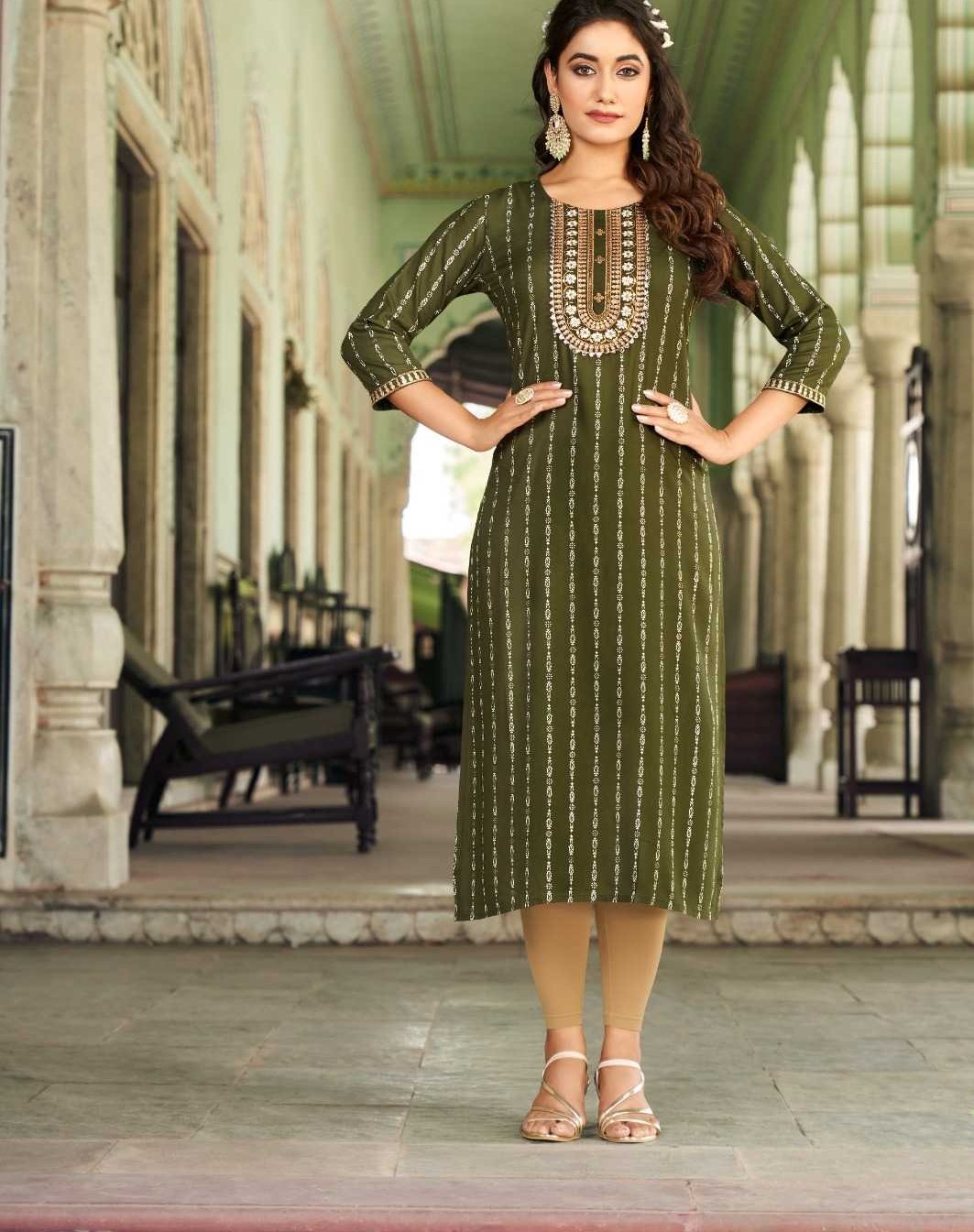 Buy Olive Green Pleated Kurta With Embroidery Online - Shop for W