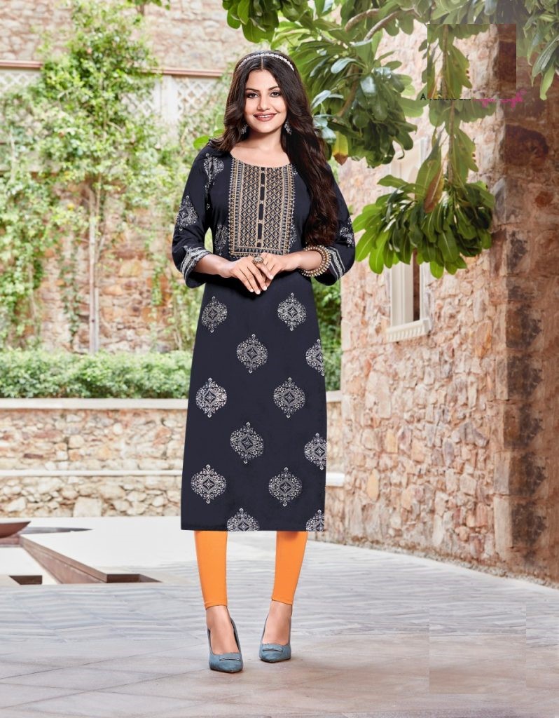 Pure Rayon Gold Print & Heavy Embroidery Straight Fit Kurti 5008
