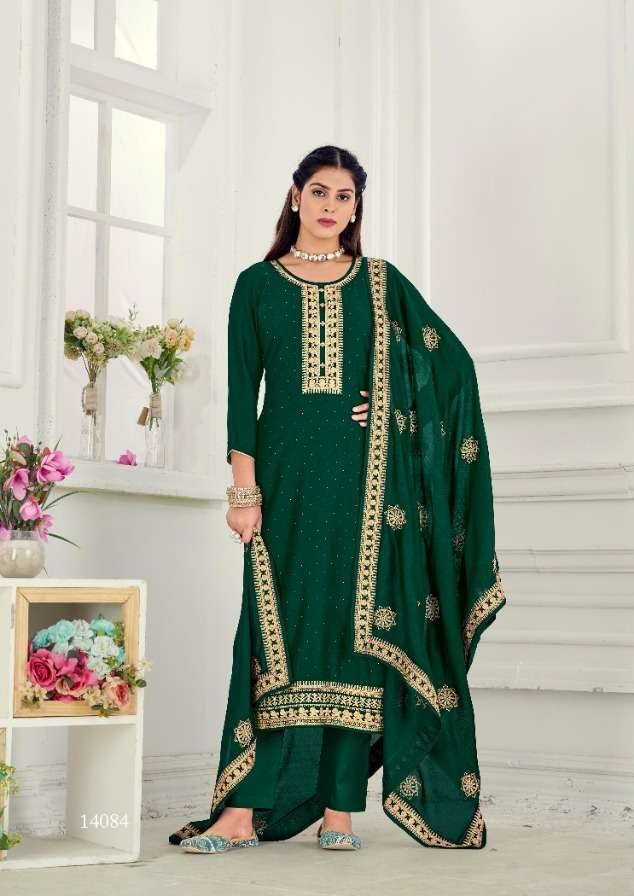 Real Silk Heavy Embroidery & Swarovski Diamonds Suits 14084