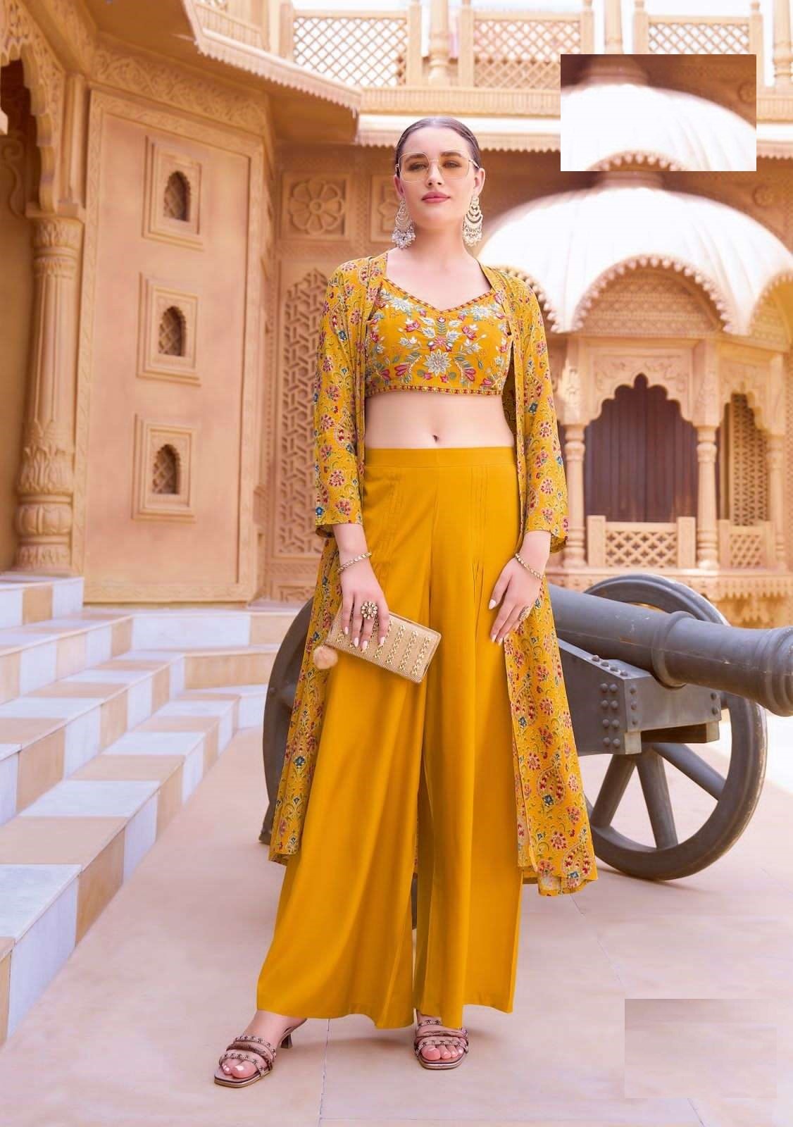 Alternative view of Wedding Collection Roman Silk Indowestern Crop Top, Pant & Printed Shrug Set 8001