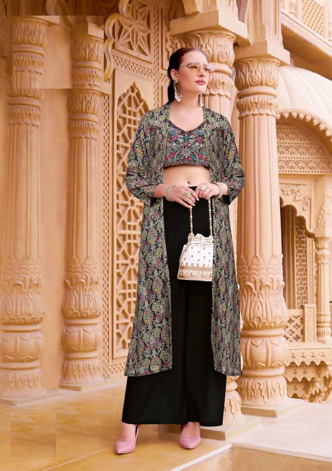 Wedding Collection Roman Silk Indowestern Crop Top, Pant & Printed Shrug Set 8001